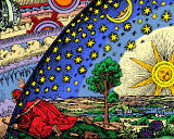 'Mennesket og universet' - Motiv fra 1500-tallet - Opphav: Ukjent artist; Publisert av Camille Flammarion (1888); Farvelagt av Kristian Stormark